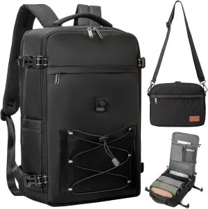 40L Waterproof Travel Backpack for Men & Women, Airline Approved Carry on Laptop Backpack, 17.3 Inch, with Detachable Crossbody Bag, Black