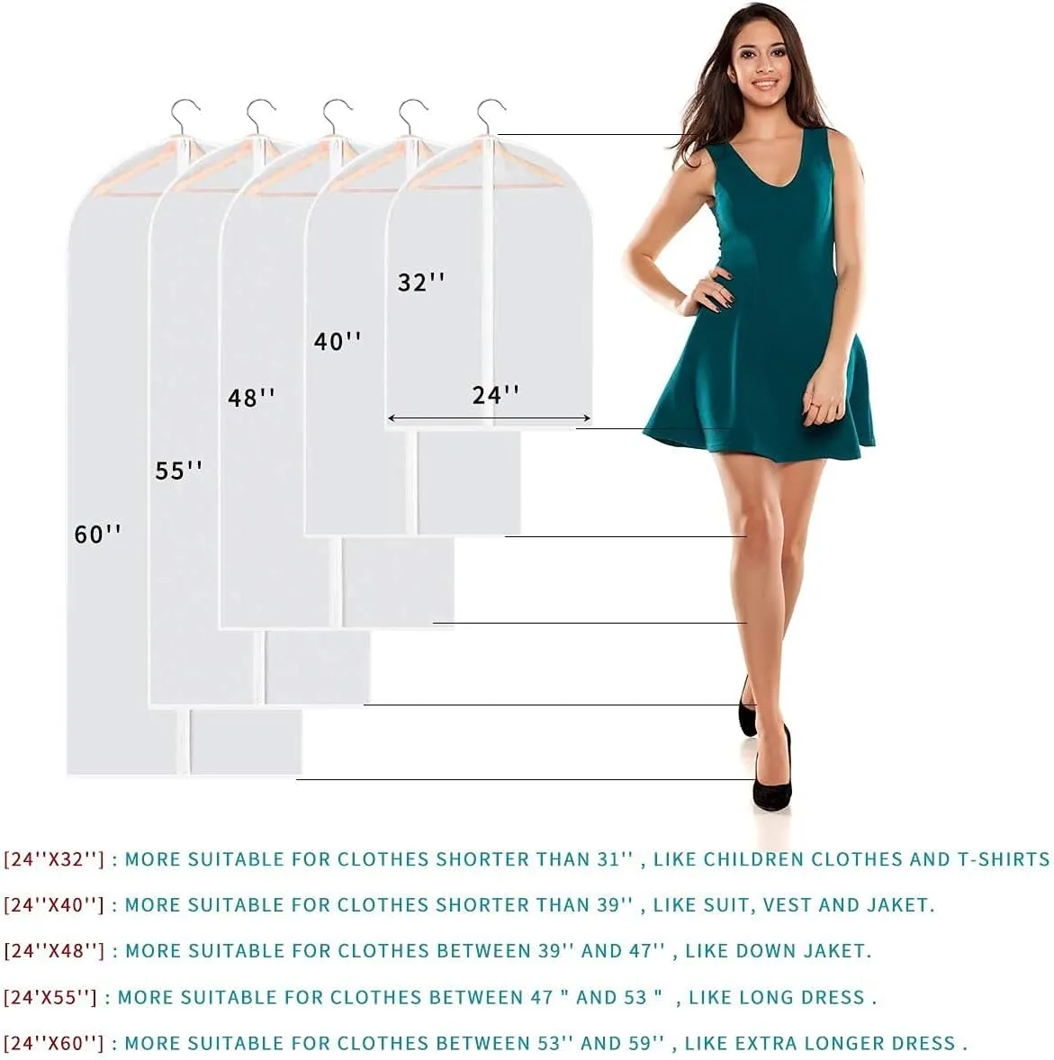 40" Garment Bags for Hanging Clothes, 10 Packs Suit Bags for Closet Storage, Plastic Waterproof Suit Cover Bags with Zipper for Coats, Jackets, Shirts (Set of 10)
