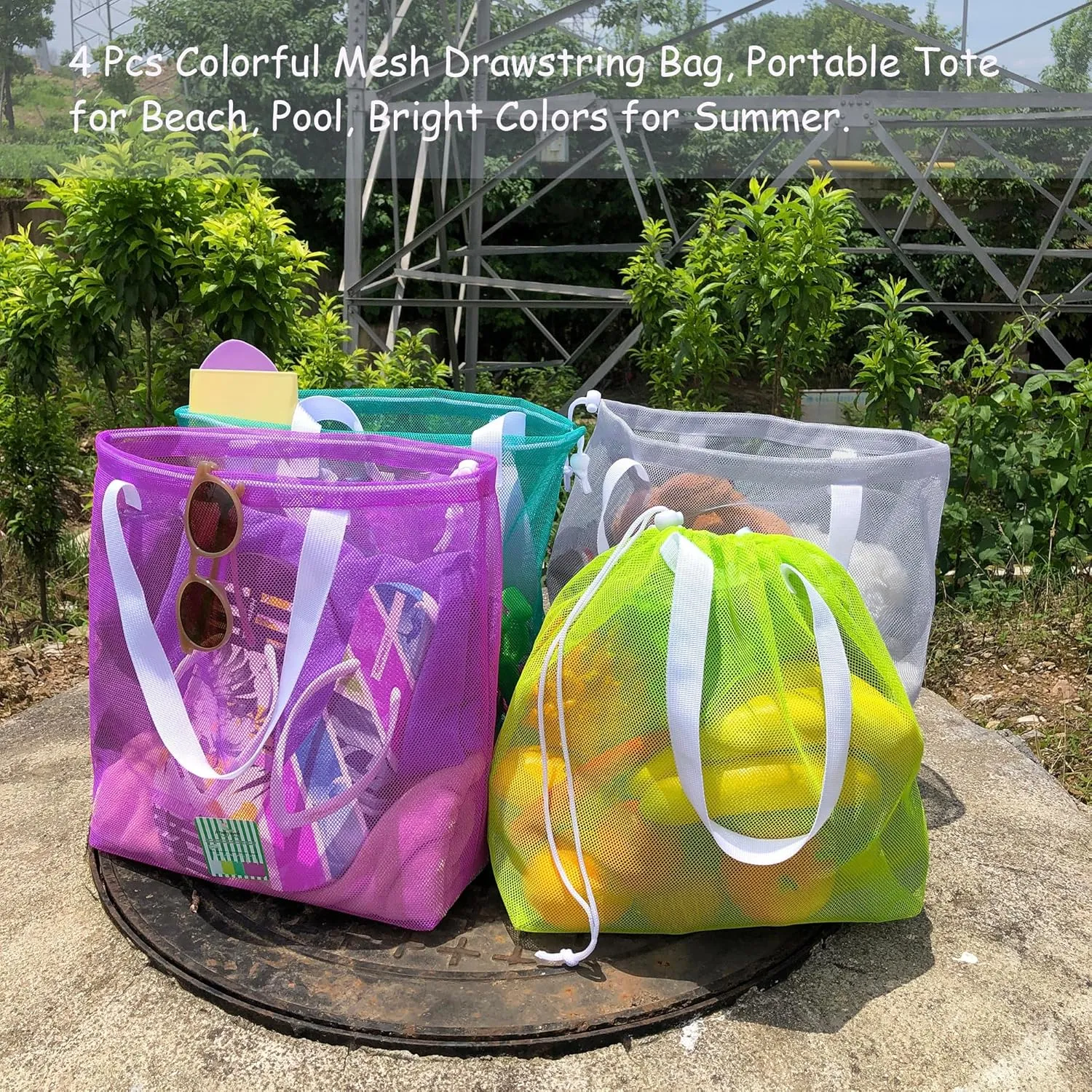 4Pieces Cute Mesh Pool Tote Bags,Mesh Beach Bags With Drawsting For Swim,Travel,Party