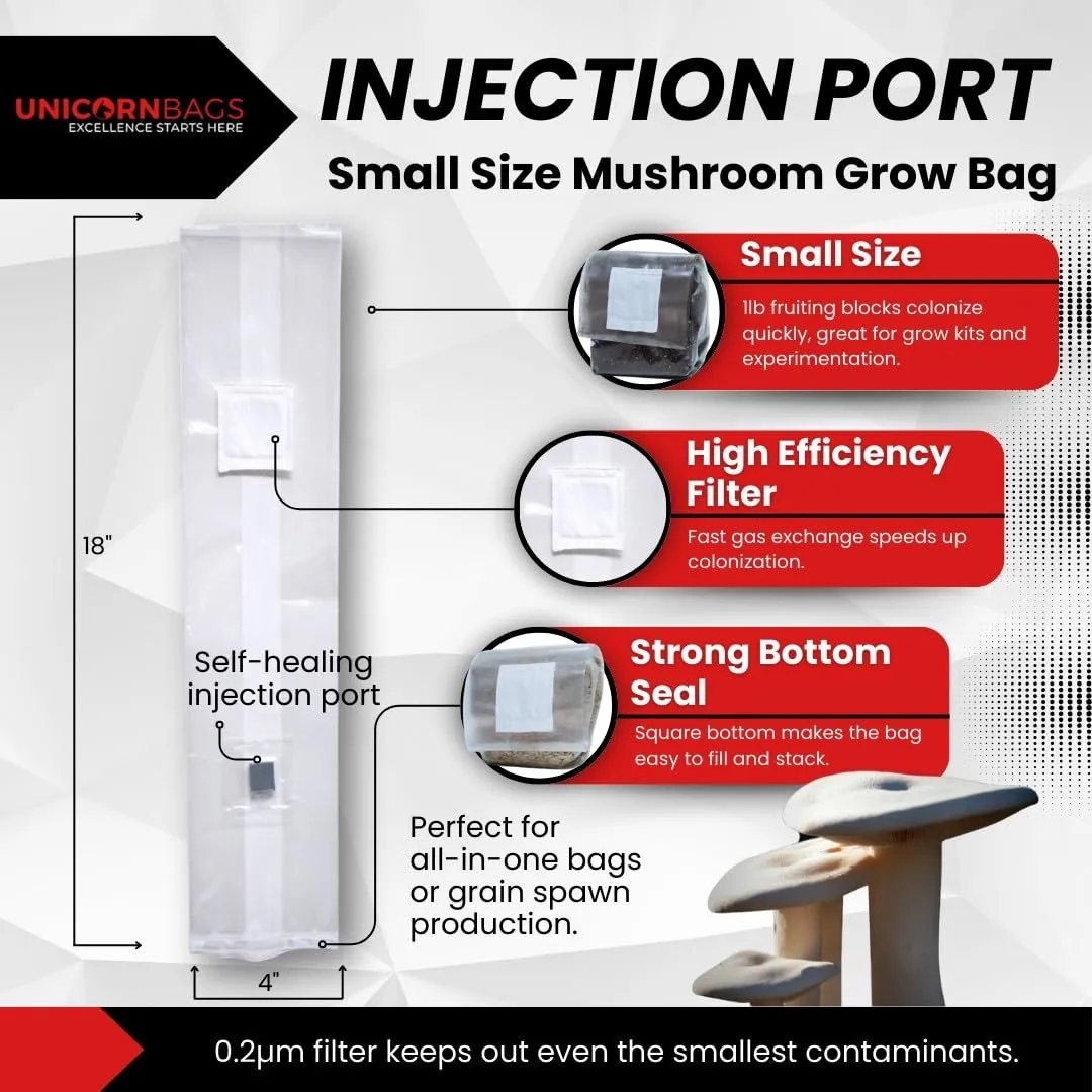 4T Injection Port OxoD Mushroom Grow Bag Extra Small Polypropylene 4” x 3” x 18” 0.2 Micron Filter Biodegradable (10)