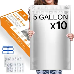 5-Gallon Mylar Bags for Food Storage: 10-Pack Thick Long Term Store Bags with Oxygen Absorbers - 11 Mil Air Vacuum Heat Seal Bag for Bucket Rice Beans - Large Sturdy Food Package