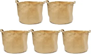 5-Pack 20 Gallon Grow Bags/Aeration Fabric Pots w/Handles (260GSM, Tan w/Black Base, 16H x 19D)