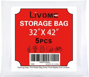 5 Pack 32*42 inches Clear Plastic Storage Bags Dustproof Moistureproof Jumbo Moving and storage bag for Blanket Clothes and Big Plush Toys Luggage, Suitcase, Comforter, Chair, Kids Bike,Reusabl
