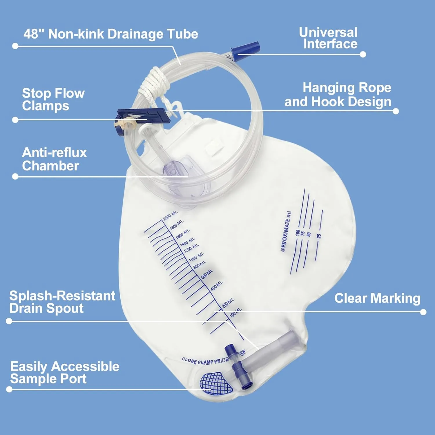 5 Pack Urinary Drainage Bag, 2000 mL Urine Bag with Anti-Reflux Chamber,48"Unisex Precision Drainage Tube, Clips and Hanging Hook, Urinary Catheter Bag for Home and Hospitals Health Aids