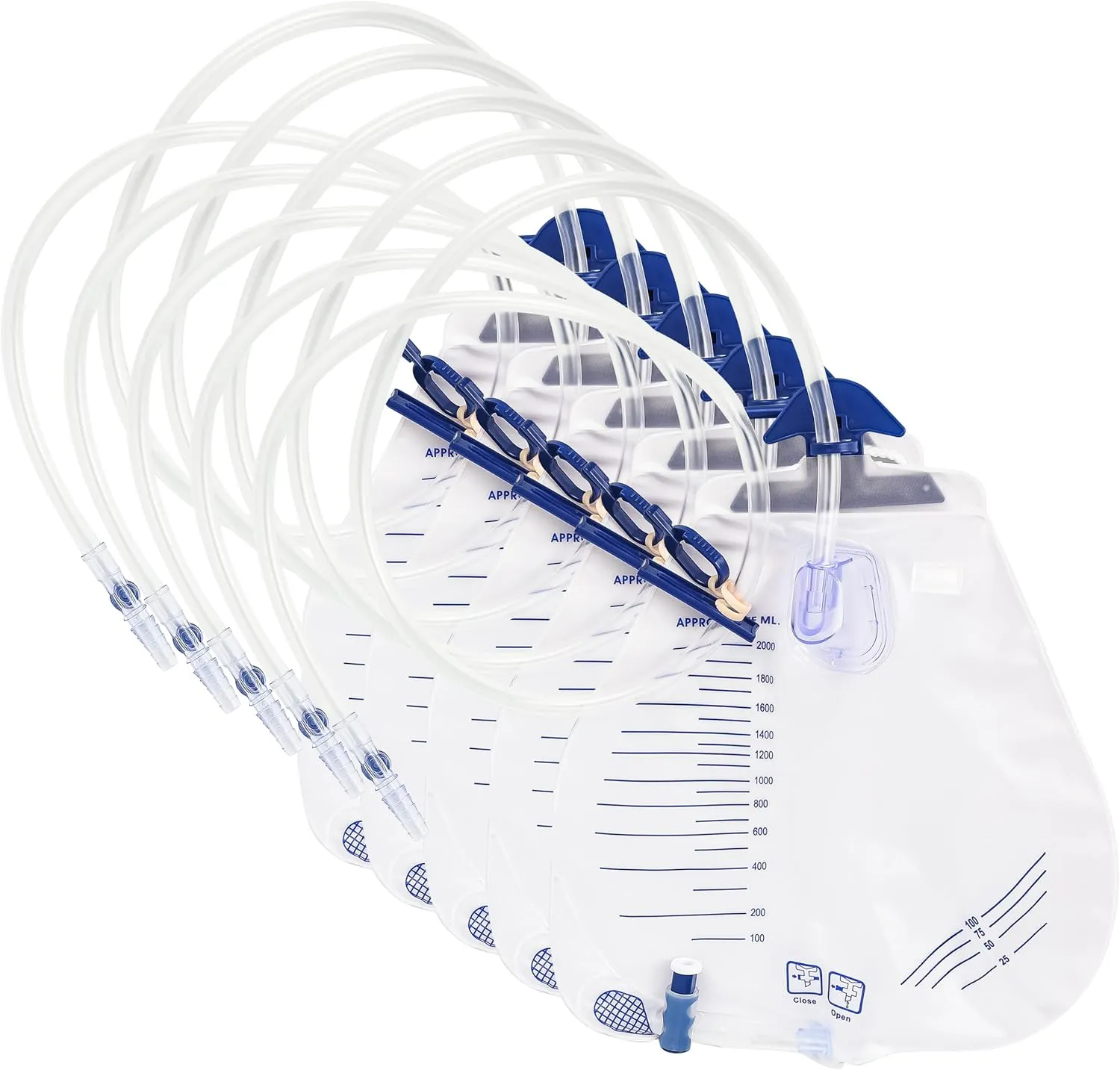 5 Pack Urinary Drainage Bag, Urine Bag with 2000 mL Volume, 48"Unisex Precision Drainage Tube, Clips and Hanging Hook, Professional Urinary Bag，Catheter Bags for Men