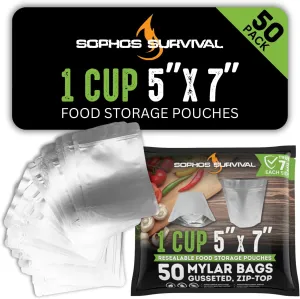 50 Mylar Bags for Food Storage, Airtight 7-Mil Thick Gusseted Zip Lock, Long Term, Reusable, Emergency Food Supply & Freeze Dryer Bags - 1 Cup 5x7 Inch