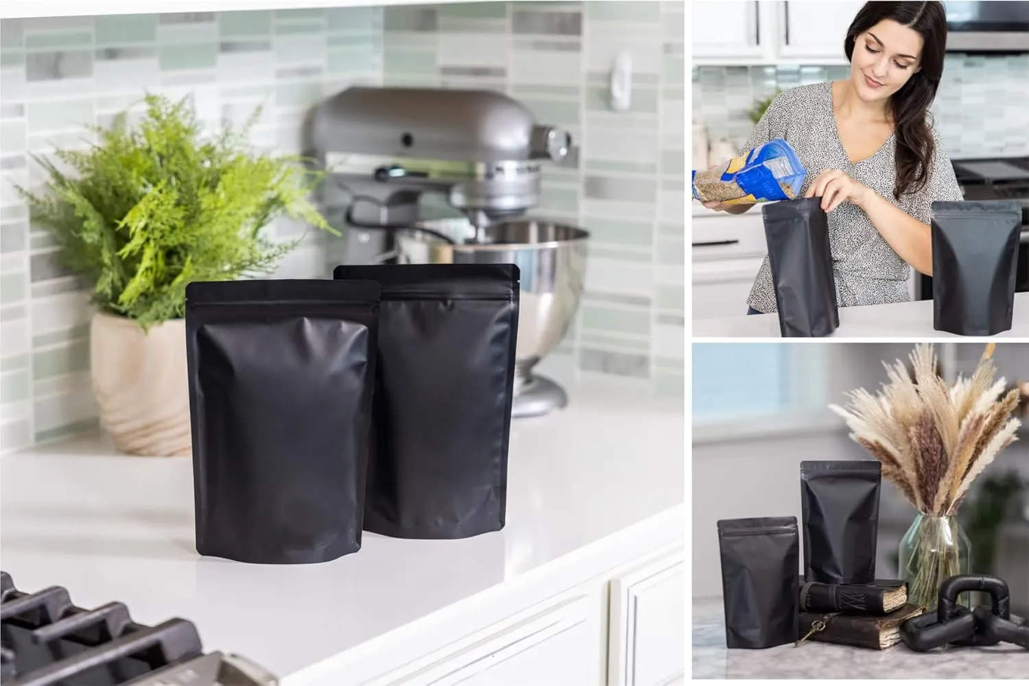 50 Pack Matte Black Stand Up Bags – 5 Mil 7x10 Inches Smell Proof Resealable Bags, Heat Sealable Plastic Foil Packaging Pouch Bag, Large Food Storage Pouches