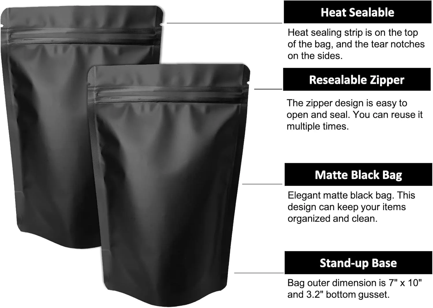 50 Pack Matte Black Stand Up Bags – 5 Mil 7x10 Inches Smell Proof Resealable Bags, Heat Sealable Plastic Foil Packaging Pouch Bag, Large Food Storage Pouches