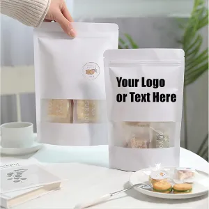 50 PCS Custom Kraft Paper Bag with Window,Personalized Stand up Zip Lock Pouches Food Storage Bags, Reclosable Bags for Home, Wedding, Party Products (White Kraft Bag)