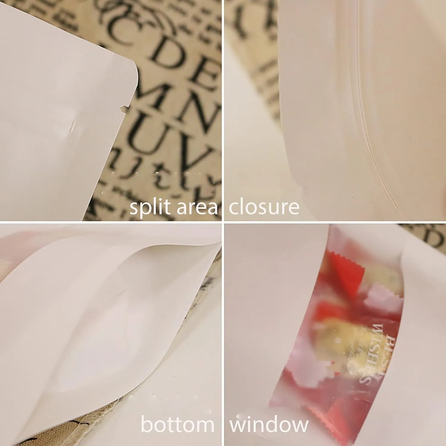 50 PCS Custom Kraft Paper Bag with Window,Personalized Stand up Zip Lock Pouches Food Storage Bags, Reclosable Bags for Home, Wedding, Party Products (White Kraft Bag)