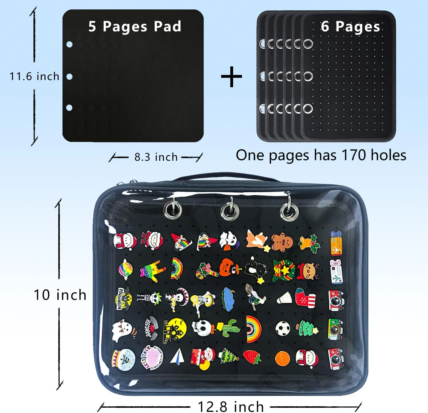 6-Page Enamel Pin Display Bag - Organize Collectibles, Brooches, Medals & More (6 Black Pages   5 Spacers)