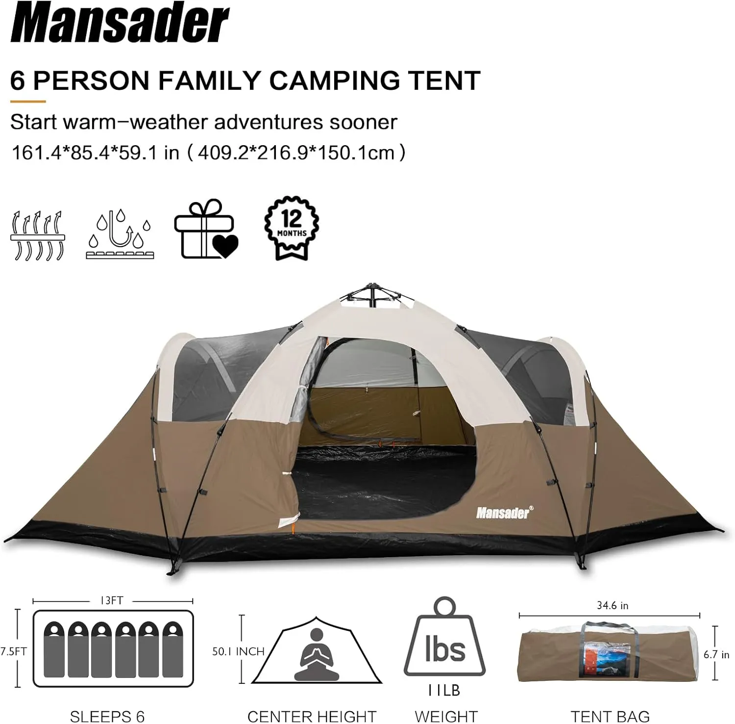 6 Person Family Camping Tent,Waterproof Windproof with Top Rainfly,Easy Set Up,Pop Up Tent for Outdoor Camping Hiking Trave