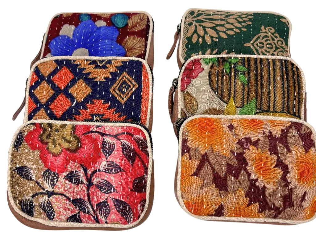 6F003 Vintage Kantha Coin Purse with Leather Back 15x12cms