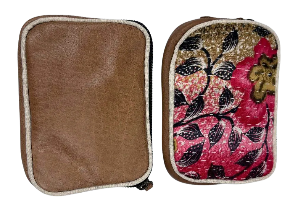 6F003 Vintage Kantha Coin Purse with Leather Back 15x12cms