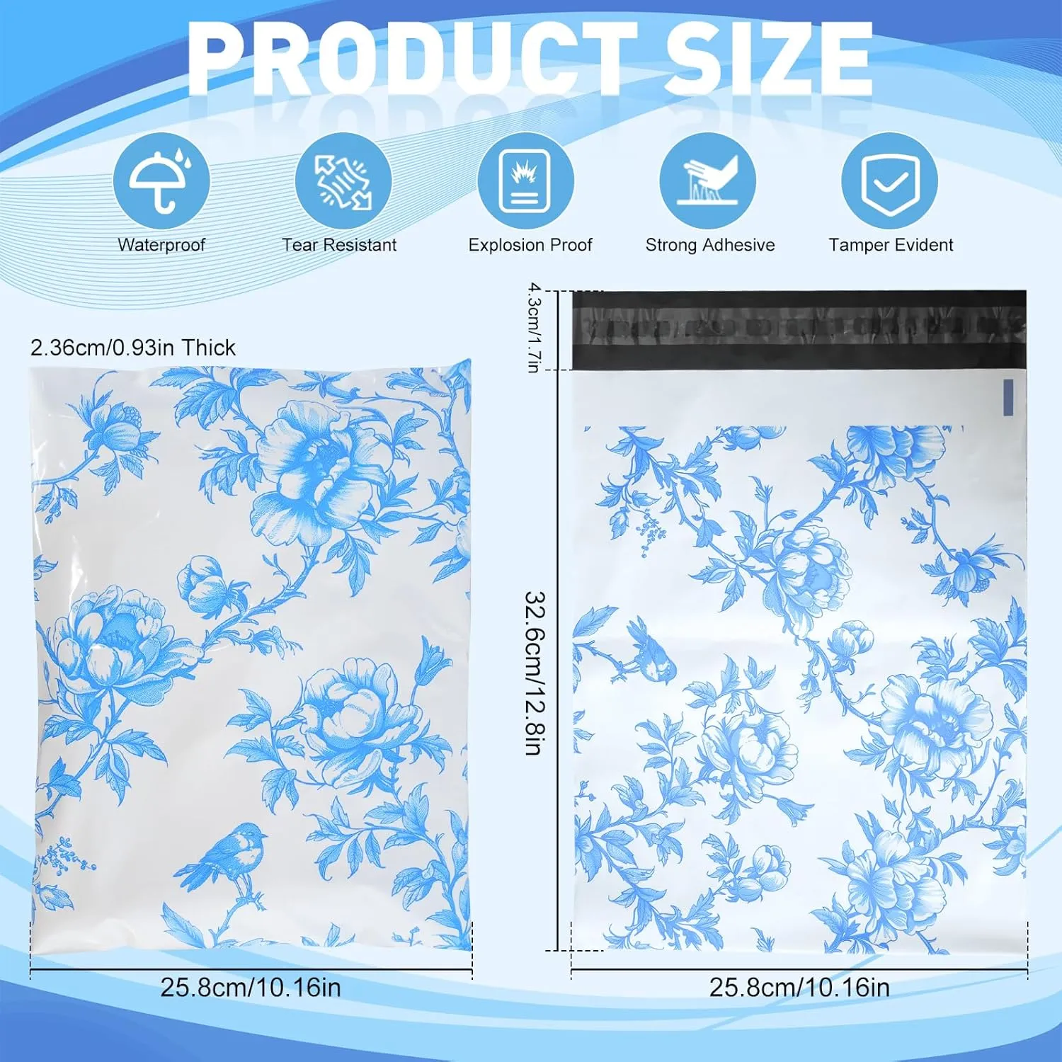 75 Pack 3.15 mil Blue Floral Chinoiserie Biodegradable Poly Mailers 10x13 Inch Flat Shipping Bags Self-Seal Thick Envelope Packaging Bag Envelopes for Small Business Shipping Supplies