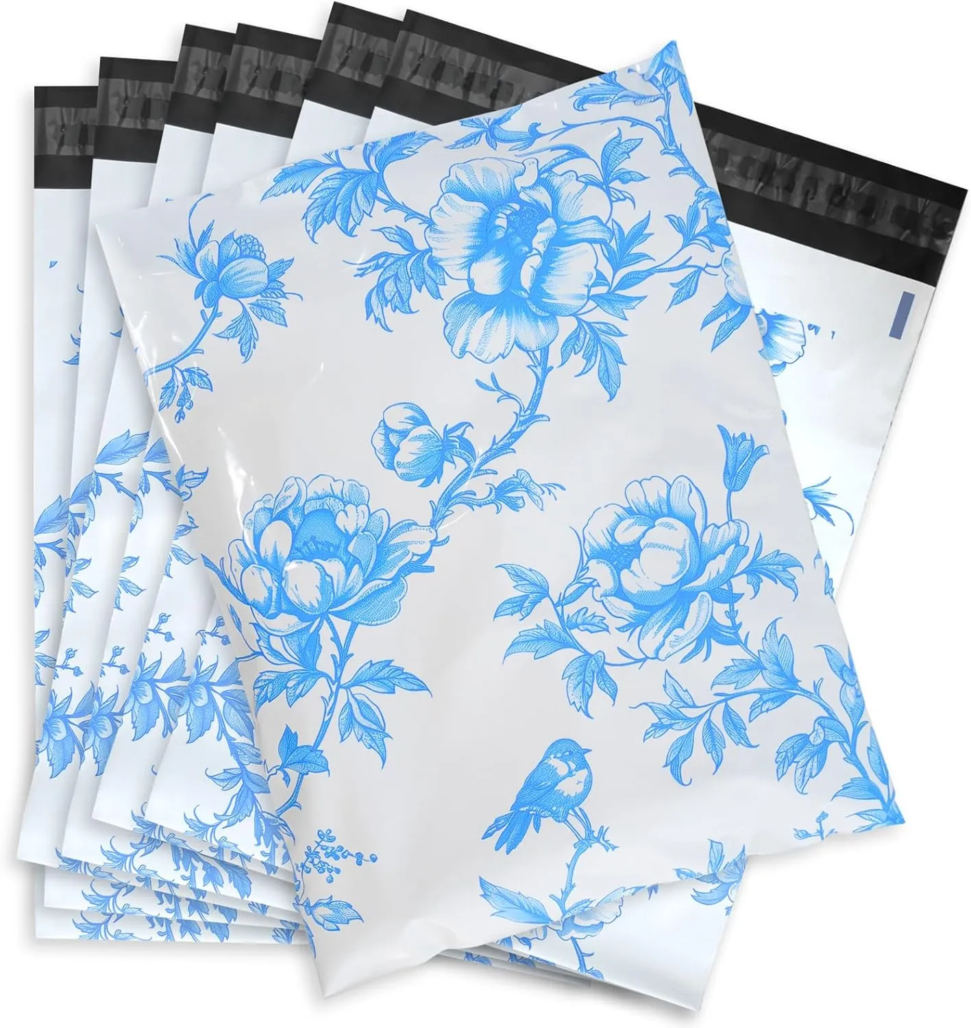 75 Pack 3.15 mil Blue Floral Chinoiserie Biodegradable Poly Mailers 10x13 Inch Flat Shipping Bags Self-Seal Thick Envelope Packaging Bag Envelopes for Small Business Shipping Supplies