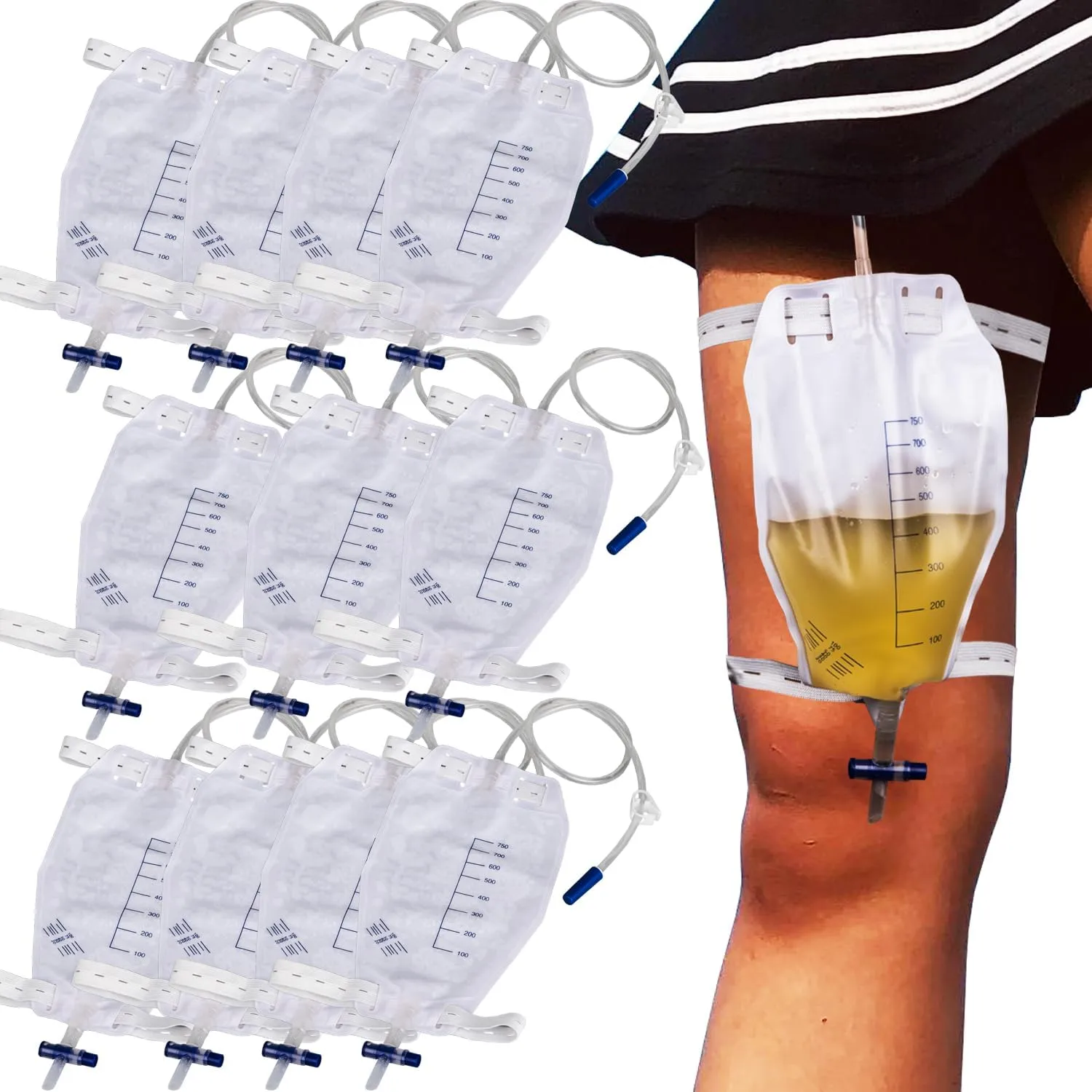 750mL Leg Bag, 10 Packs Urinary Bags, Catheter Bag with Anti-Reflux, Large Volume Urine Bag with Easy Drain Switch, Urinary Leg Bag for Health Aids