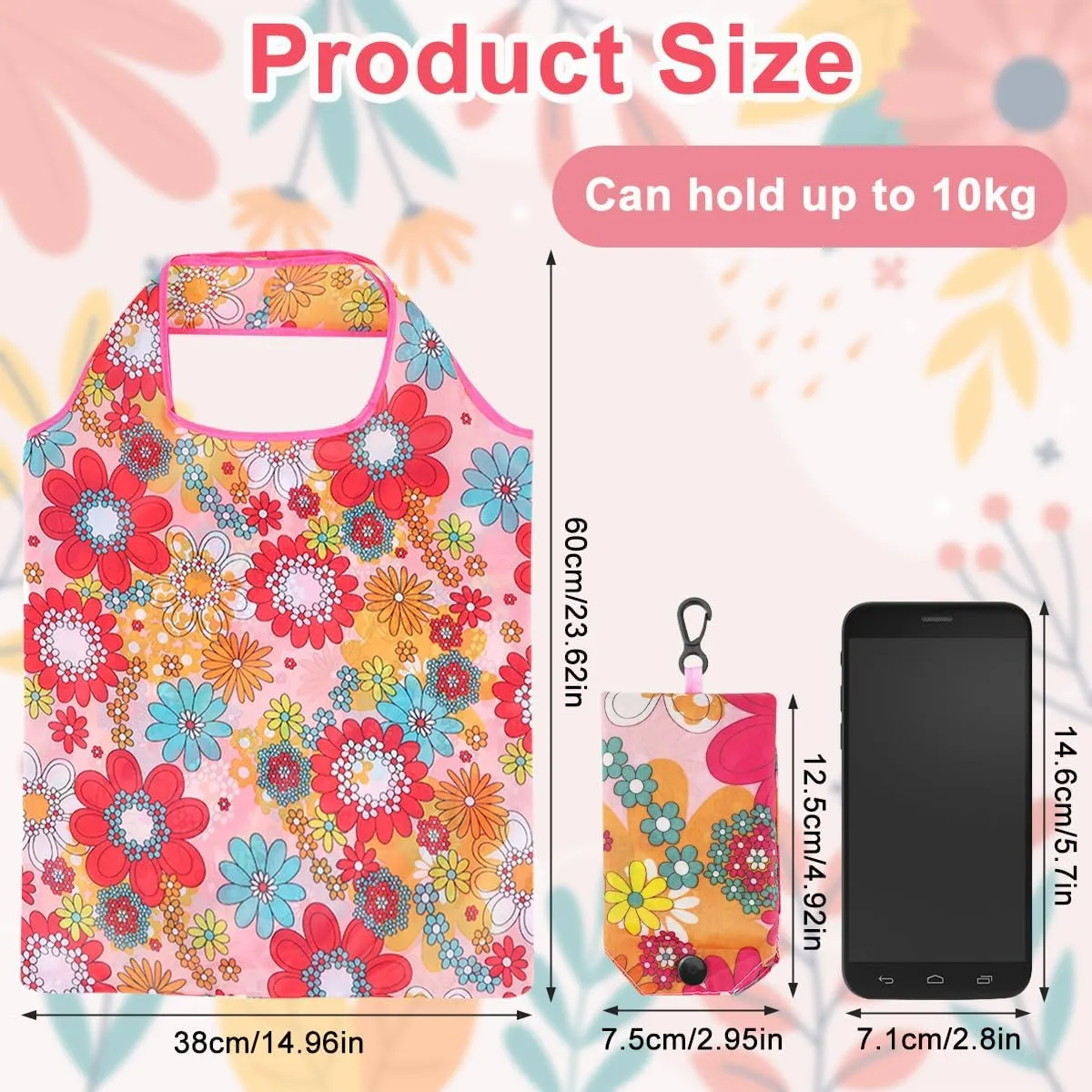 8 Pcs Reusable Floral Grocery Bags, Foldable Washable Fashion Shopping Bags, Portable Eco-friendly Tote Bag Gifts for Women, Cute Waterproof Flower Travel Recycle Bag for Supermarket (8Pcs)