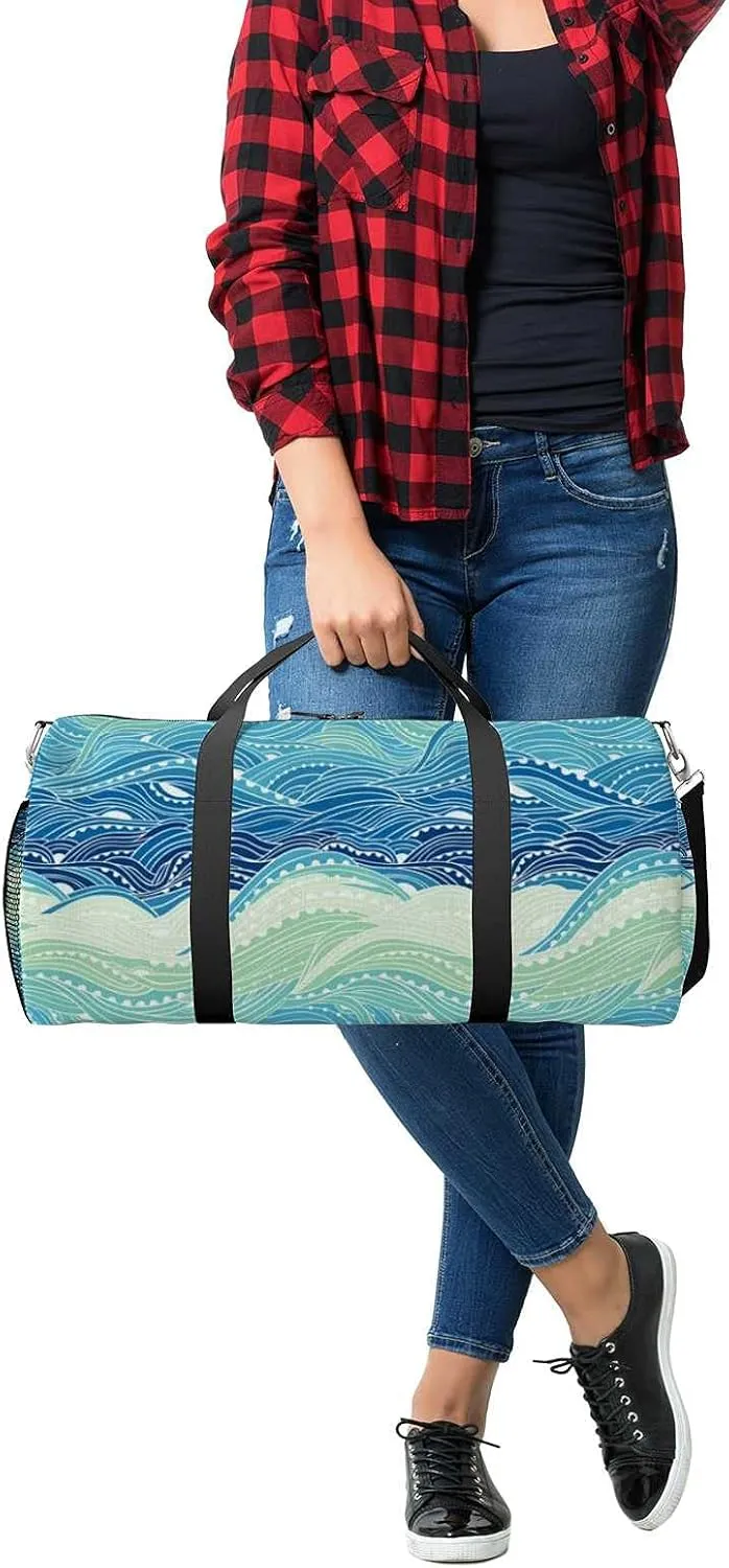 Abstract Sea Wave Painting Sports Duffel Bag Travel Gym Tote Bags Lightweight Durable Shoulder Strap Waterproof Polyester Outside Mesh Pocket Overnight Trip Duffel Bag for Women Men
