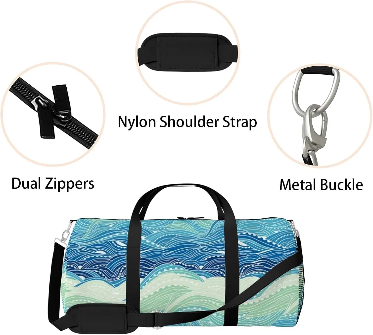 Abstract Sea Wave Painting Sports Duffel Bag Travel Gym Tote Bags Lightweight Durable Shoulder Strap Waterproof Polyester Outside Mesh Pocket Overnight Trip Duffel Bag for Women Men