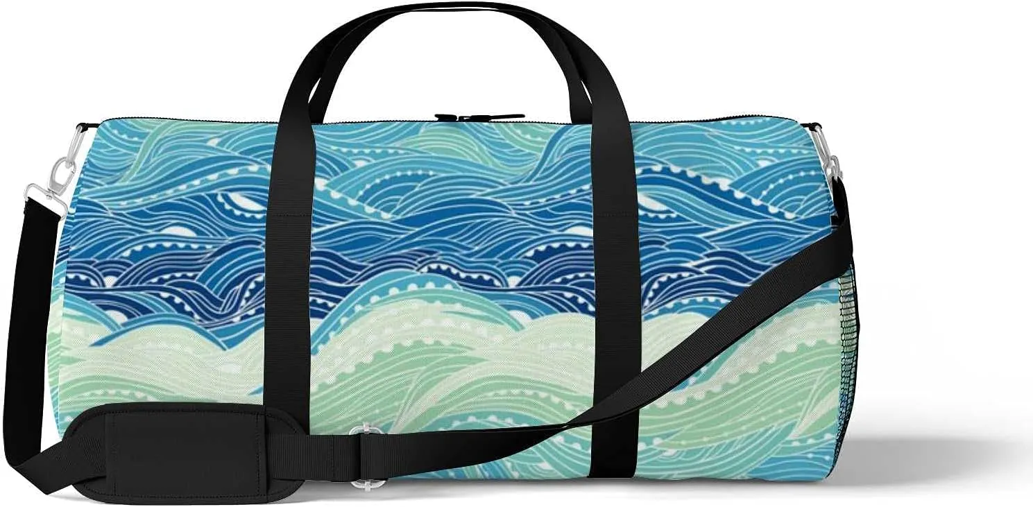 Abstract Sea Wave Painting Sports Duffel Bag Travel Gym Tote Bags Lightweight Durable Shoulder Strap Waterproof Polyester Outside Mesh Pocket Overnight Trip Duffel Bag for Women Men