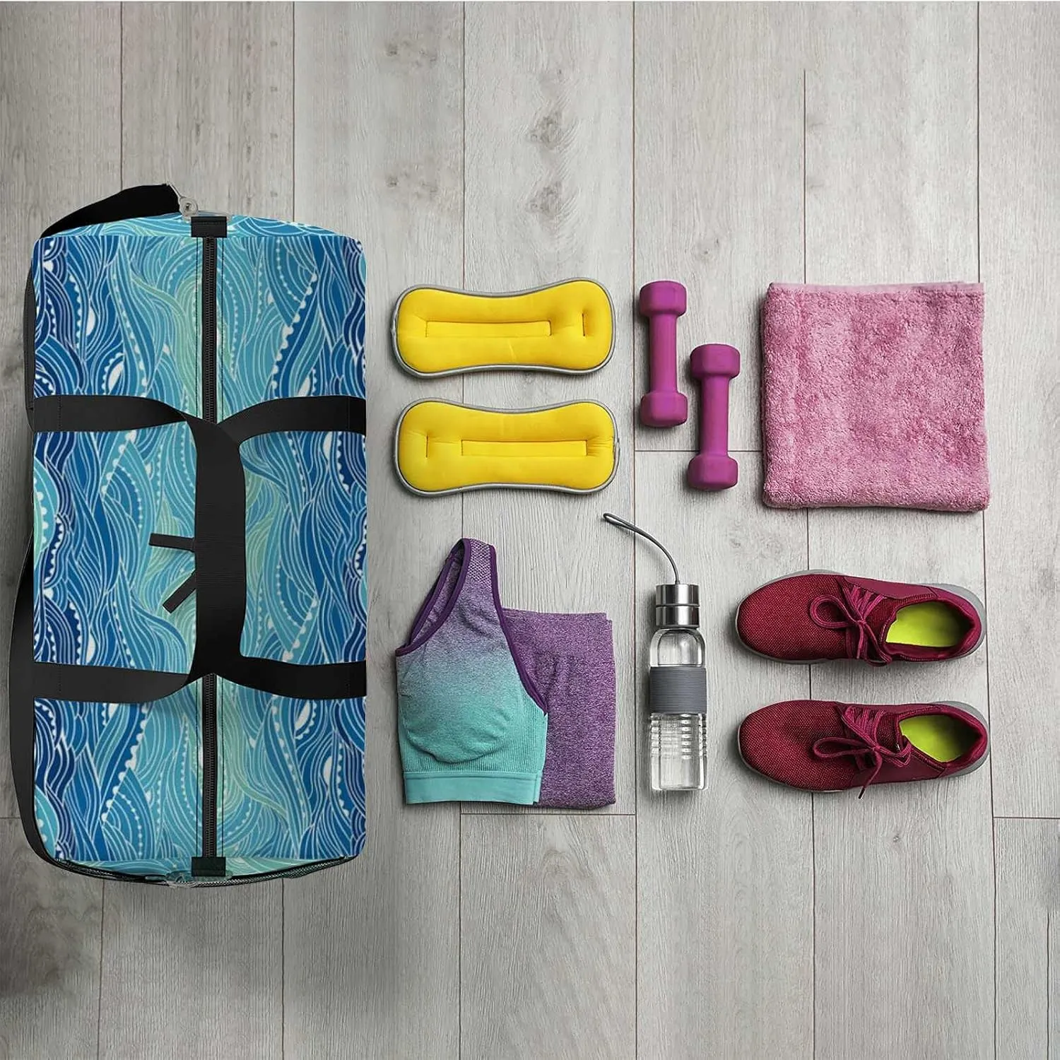 Abstract Sea Wave Painting Sports Duffel Bag Travel Gym Tote Bags Lightweight Durable Shoulder Strap Waterproof Polyester Outside Mesh Pocket Overnight Trip Duffel Bag for Women Men