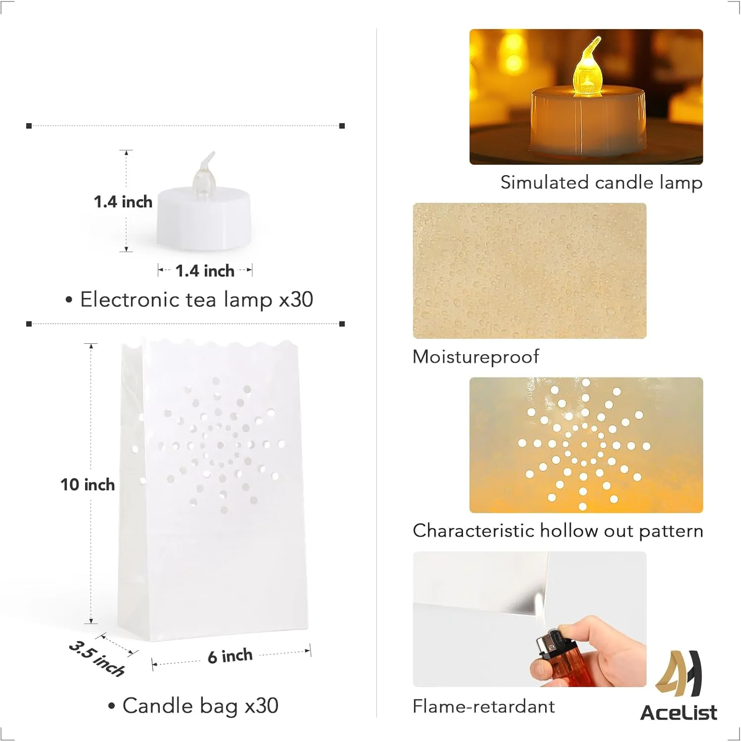 AceList 30 PCS Led Tea Lights with 30 Pcs Moisture-proof Luminary Bags with Candles, Electric Candles with Battery and Luminaria, Flameless Tealight Candles for Christmas Wedding Party Halloween Decor