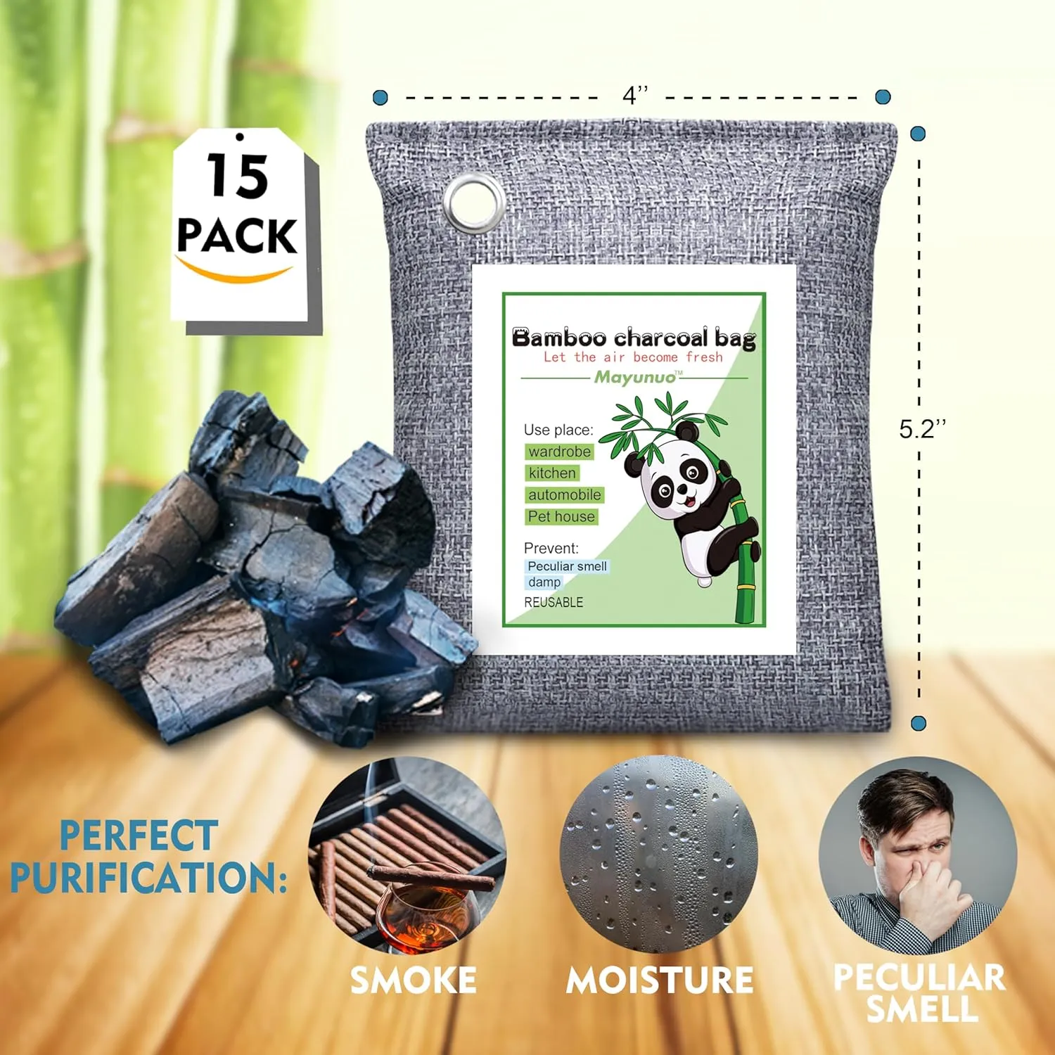 Activated Charcoal Odor Absorber 15 Pack, Bamboo Charcoal Air Purifying Bag, Strong Odor Eliminator Home Smell Remove Air Freshener Moisture Absorber Deodorizer for Room Closet Car Smoke Shoe