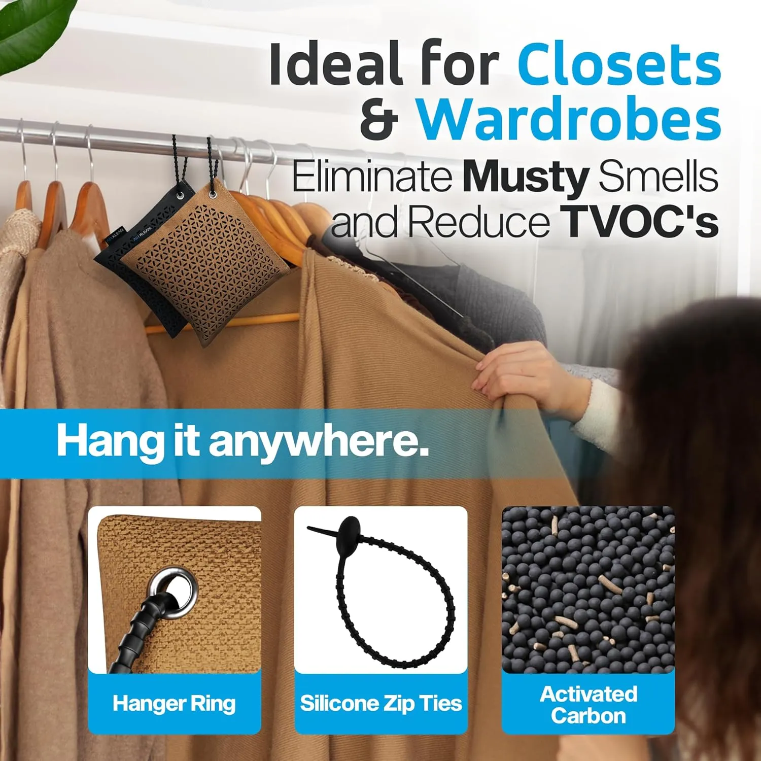 Activated Charcoal Odor Absorber 2x14.1oz w Reusable Hanger. Natural Bamboo Charcoal W Minerals Air Purifying Bag For Car Home Closet Air Freshener Deodorizer Odor Eliminator (2 PACK, CUBE)