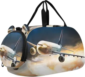 Airplane Sports Duffle Bag for Girls Boys Kids, Gym Bag with Shoe Compartment, Kids Travel Overnight Weekender Shoulder Bag
