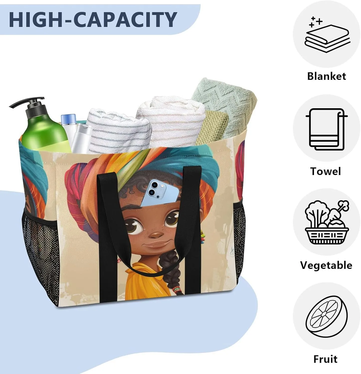 ALAZA Beautiful Black Female African Waterproof Beach Tote Bags