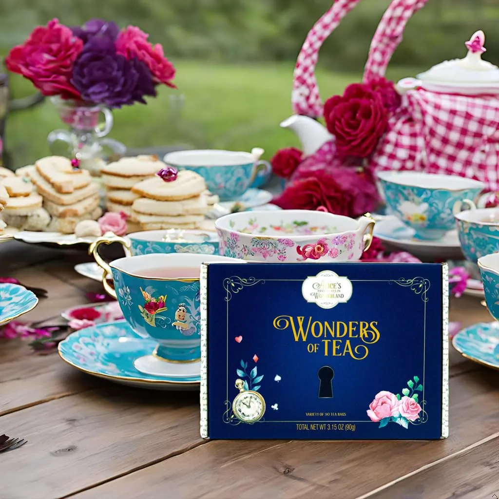 Alice’s Adventures in Wonderland, Wonder of Tea Gift Set, Tea Sampler includes 6 Flavors of Tea with Book Quotes and Illustrations, Set of 90