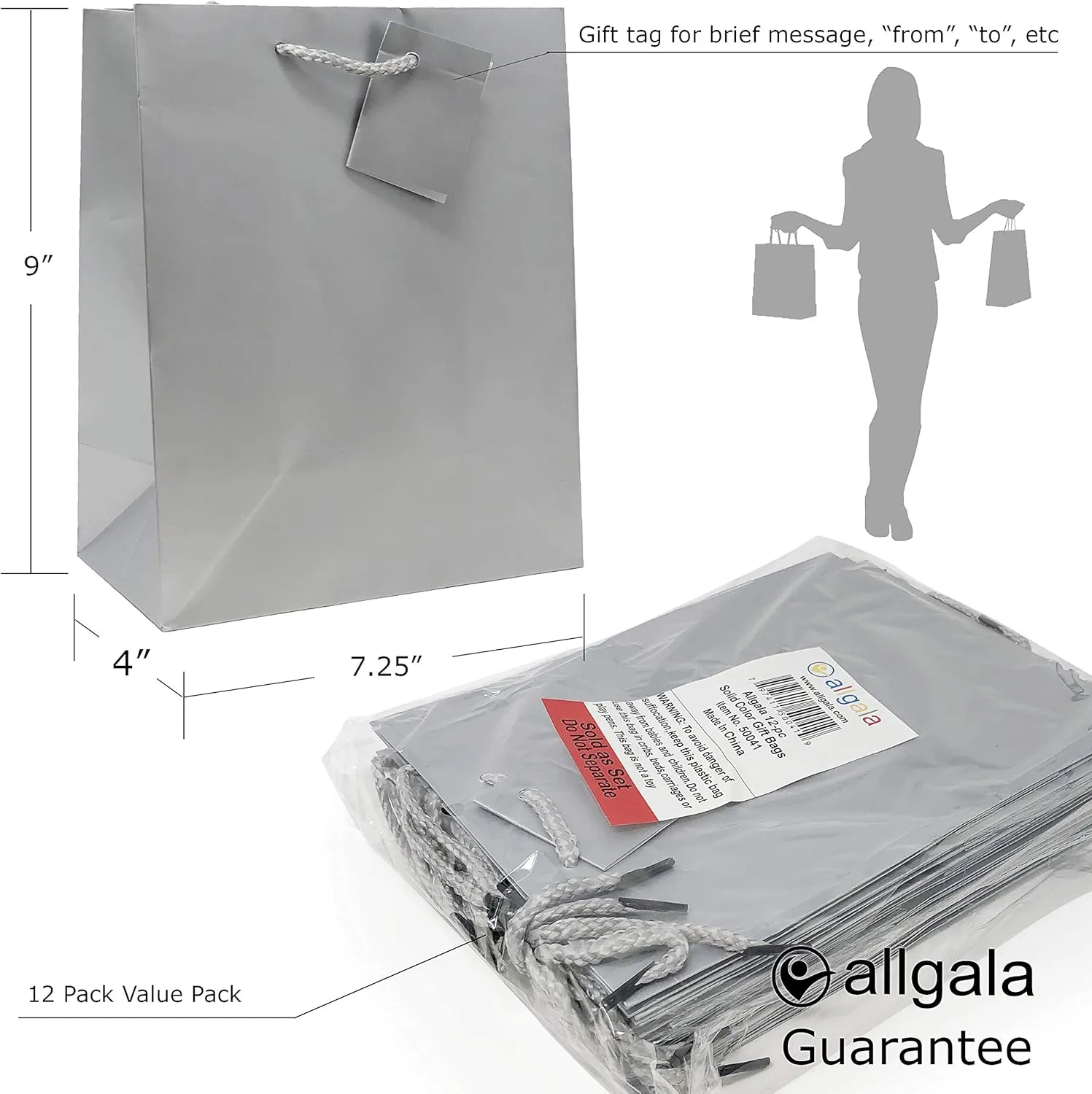 allgala Gift Bags, 12 Pack Durable 9x7x4 Inch Medium Size Silver Gift Bags with Handles for Birthday, Wedding, Party Supplies, Baby Shower, Holidays, Chirstmas