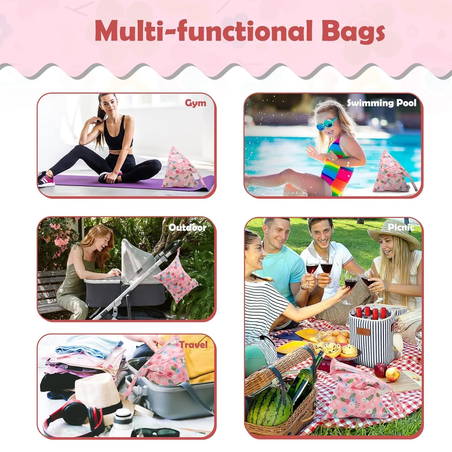 ALVABABY 3pcs Cloth Diaper Wet Dry Bags Waterproof Reusable with Two Zippered Pockets Travel Beach Pool Daycare Soiled Baby Items Yoga Gym Bag for Swimsuits or Wet Clothes 3L-ZM22A