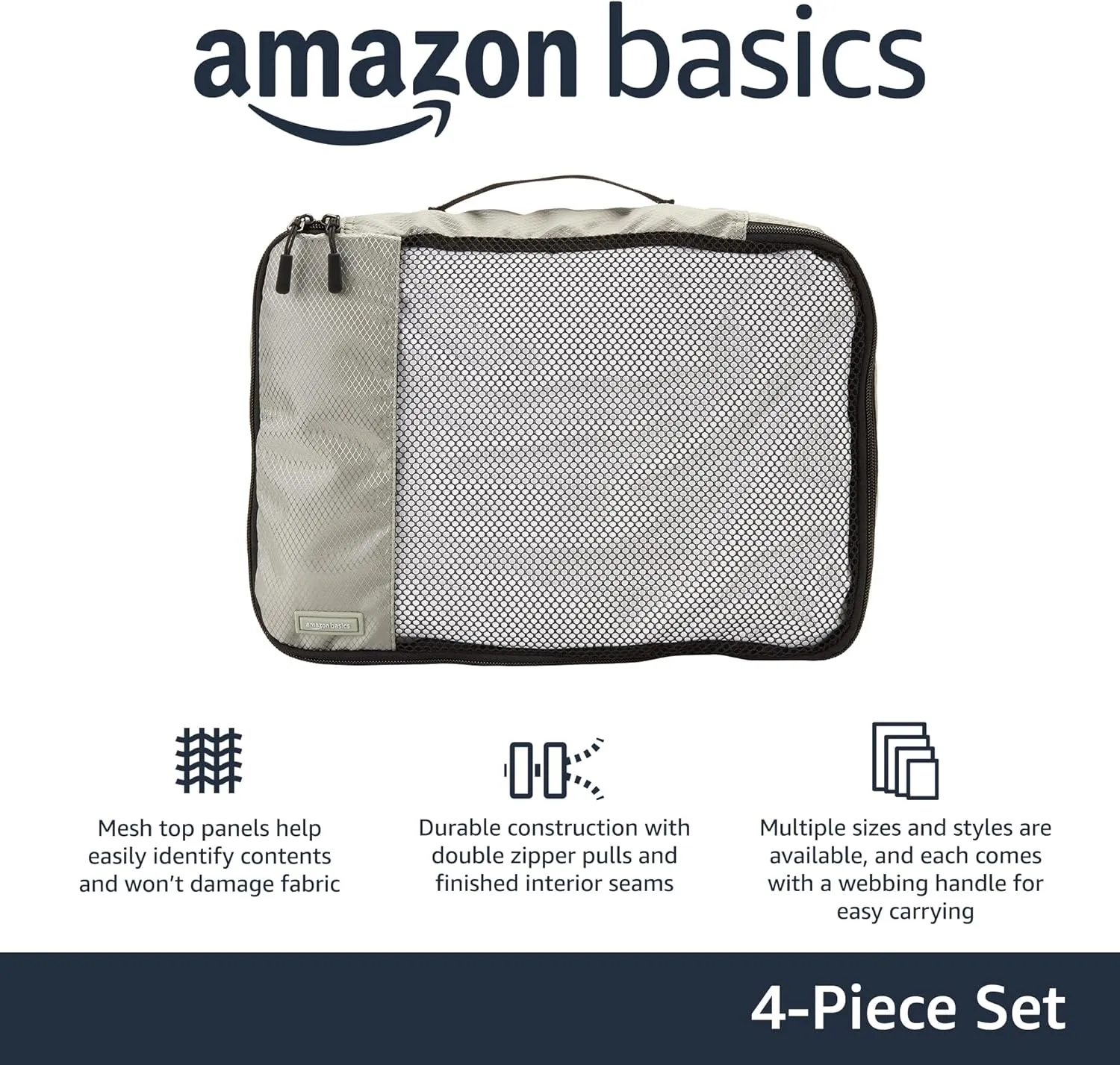 Amazon Basics Medium Packing Cubes for Travel, Packing Organizers, 4-Piece-Set With Double Zipper Pulls and Mesh Top Panel, 100% Durable Polyester, Gray, 13.8"L x 9.8"W x 3"H