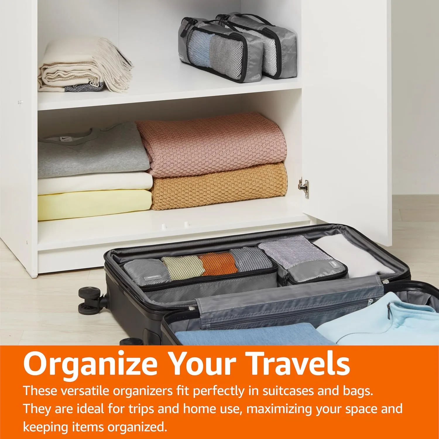 Amazon Basics Slim Packing Cubes for Travel, Packing Organizers, 4-Piece-Set With Double Zipper Pulls and Mesh Top Panel, 100% Durable Polyester, Gray, 14"L x 5"W x 3"H