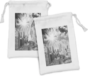 Ambesonne Black and White Fabric Pouch Set of 2, Aerial View Montreal Canada Cityscape with Skyscrapers Architecture, Small Drawstring Bag for Toiletries Masks and Favors, 9" x 6", Black White Grey
