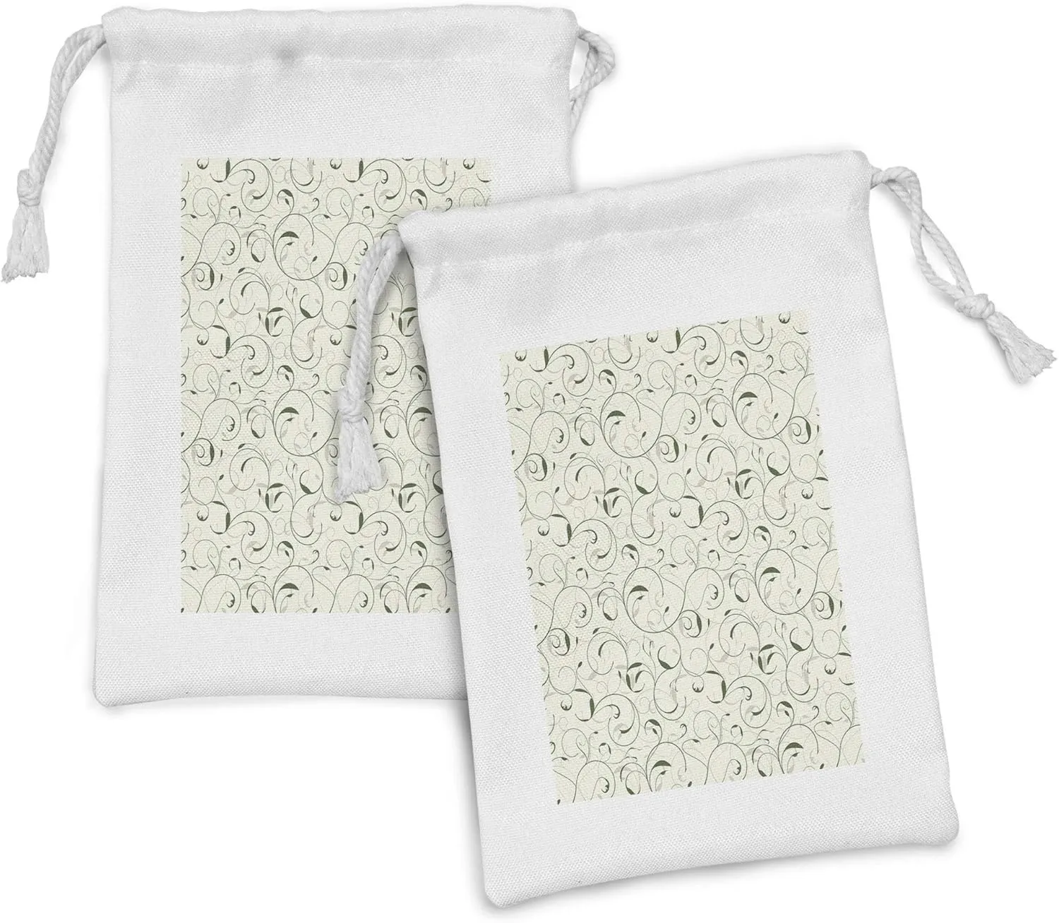 Ambesonne Floral Fabric Pouch Set of 2, Swirly Leafage Branches Curling Growth of Season Foliage Botanical Scroll, Small Drawstring Bag for Toiletries Masks and Favors, 9" x 6", Hunter Green Eggshell