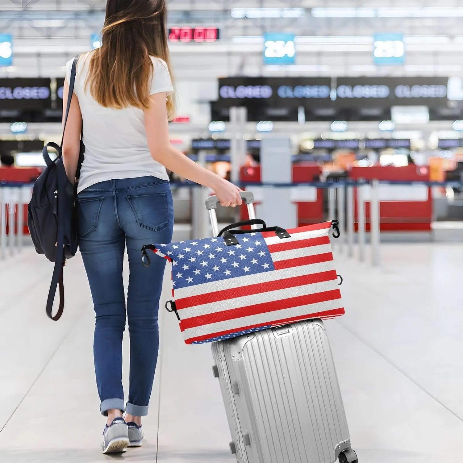 America Flag Travel Duffle Bag Quilt Weekender Bags Carry On Bag Gym Bag Overnight Bag with Make Up Bag for Airplane Women Ladies Trip Travel Essentials Gifts
