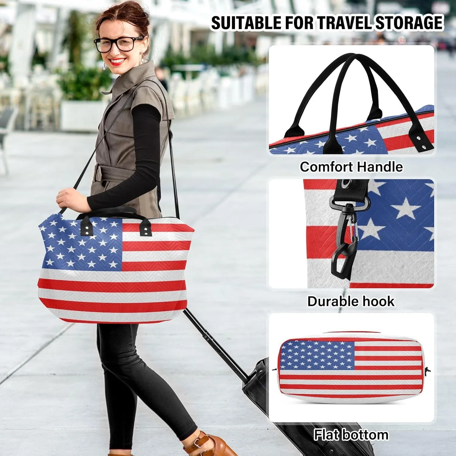America Flag Travel Duffle Bag Quilt Weekender Bags Carry On Bag Gym Bag Overnight Bag with Make Up Bag for Airplane Women Ladies Trip Travel Essentials Gifts