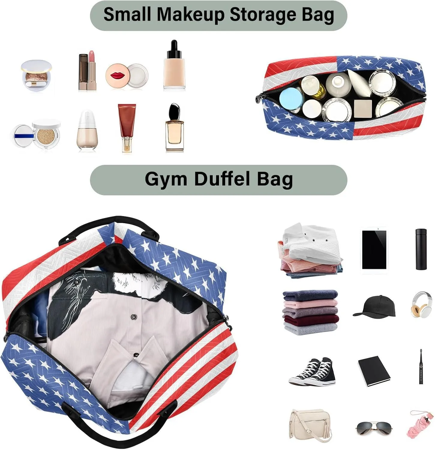 America Flag Travel Duffle Bag Quilt Weekender Bags Carry On Bag Gym Bag Overnight Bag with Make Up Bag for Airplane Women Ladies Trip Travel Essentials Gifts