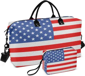 America Flag Travel Duffle Bag Quilt Weekender Bags Carry On Bag Gym Bag Overnight Bag with Make Up Bag for Airplane Women Ladies Trip Travel Essentials Gifts