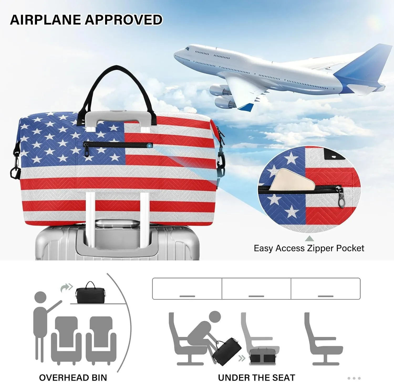 America Flag Travel Duffle Bag Quilt Weekender Bags Carry On Bag Gym Bag Overnight Bag with Make Up Bag for Airplane Women Ladies Trip Travel Essentials Gifts