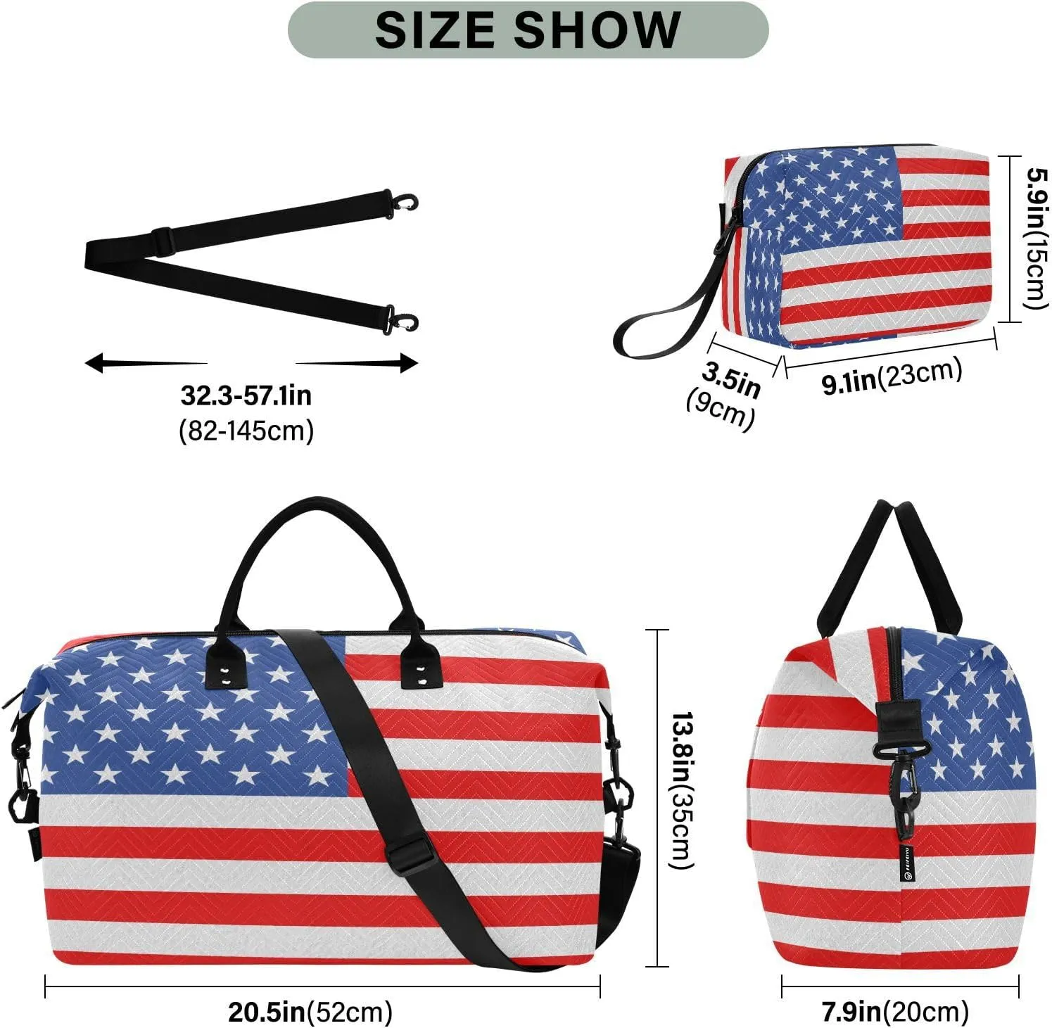 America Flag Travel Duffle Bag Quilt Weekender Bags Carry On Bag Gym Bag Overnight Bag with Make Up Bag for Airplane Women Ladies Trip Travel Essentials Gifts