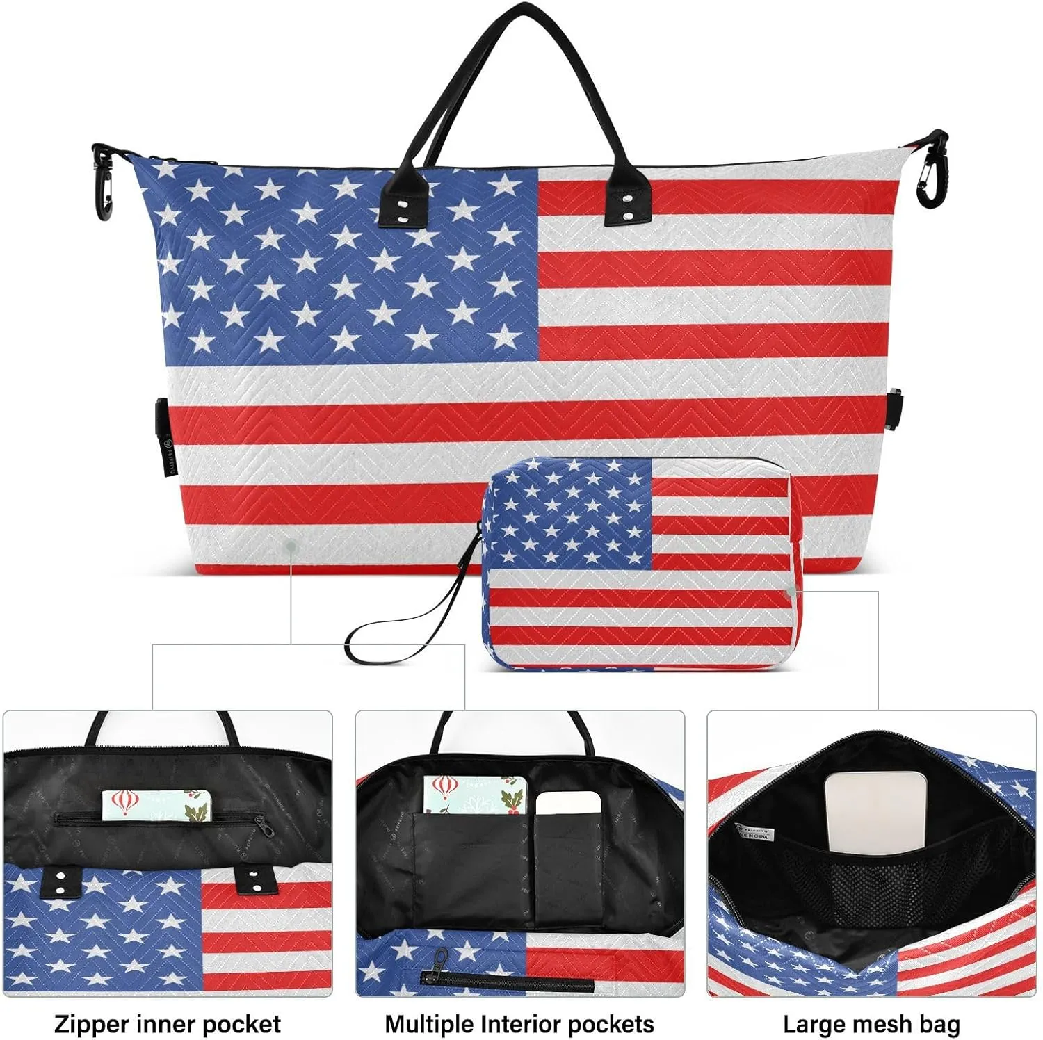 America Flag Travel Duffle Bag Quilt Weekender Bags Carry On Bag Gym Bag Overnight Bag with Make Up Bag for Airplane Women Ladies Trip Travel Essentials Gifts