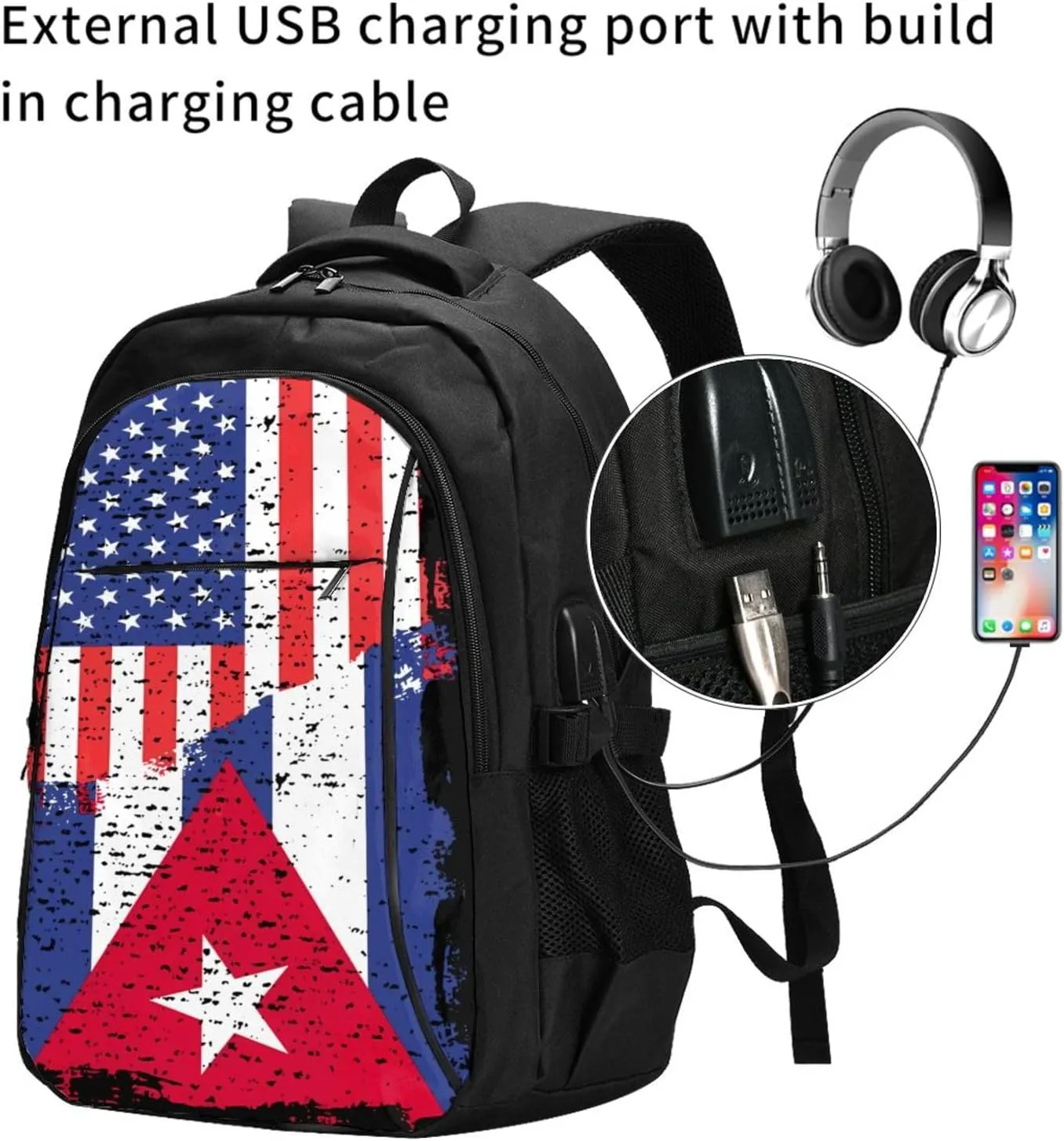 American Cuba Flag Cuban Roots Travel Backpacks Casual Backpack Large Capacity Laptop Rucksack Luggage Daypacks with USB Charging Port Multi-Pockets Bags for Hiking