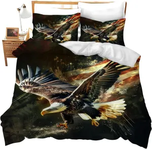 American Eagle Bedding Set Bald Eagle Duvet Cover Twin Full Queen King Size Comforter Cover for Kids Adults Men Women American Flag Theme Quilt Cover Decorative Soft Bedding Set with 2 Pillowcases