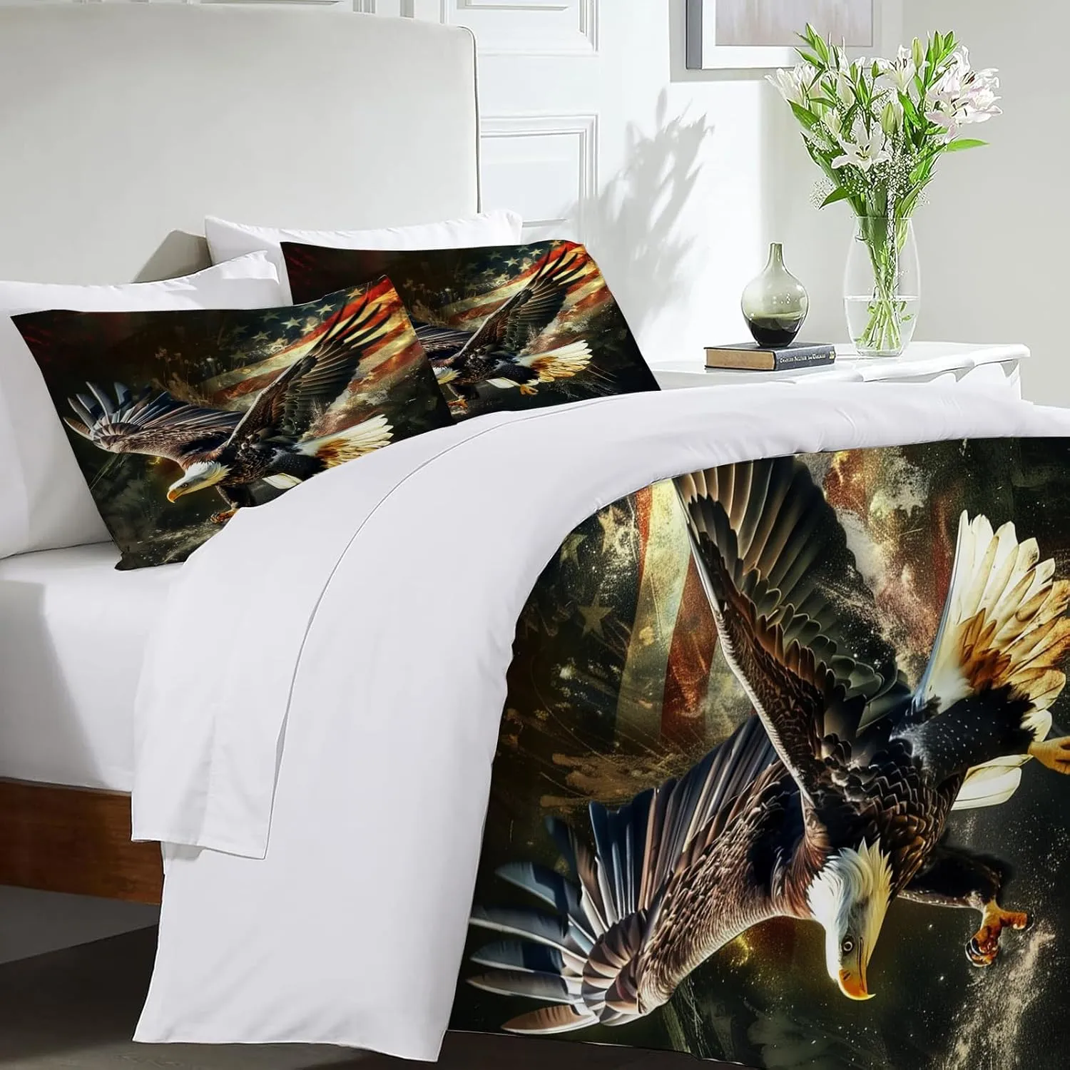 American Eagle Bedding Set Bald Eagle Duvet Cover Twin Full Queen King Size Comforter Cover for Kids Adults Men Women American Flag Theme Quilt Cover Decorative Soft Bedding Set with 2 Pillowcases