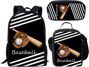 AmzPrint 3 In 1 Baseball Backpack For Kids Boys Girls Teens Bookbag Set Laptop Backpack Insulated Lunch Box Pencil Bag Set