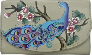Anna by Anuschka Women's Ladies Tri Geniune Leather Hand Painted Large Three Fold Checkbook Clutch Wallet-Romantic Rose Black